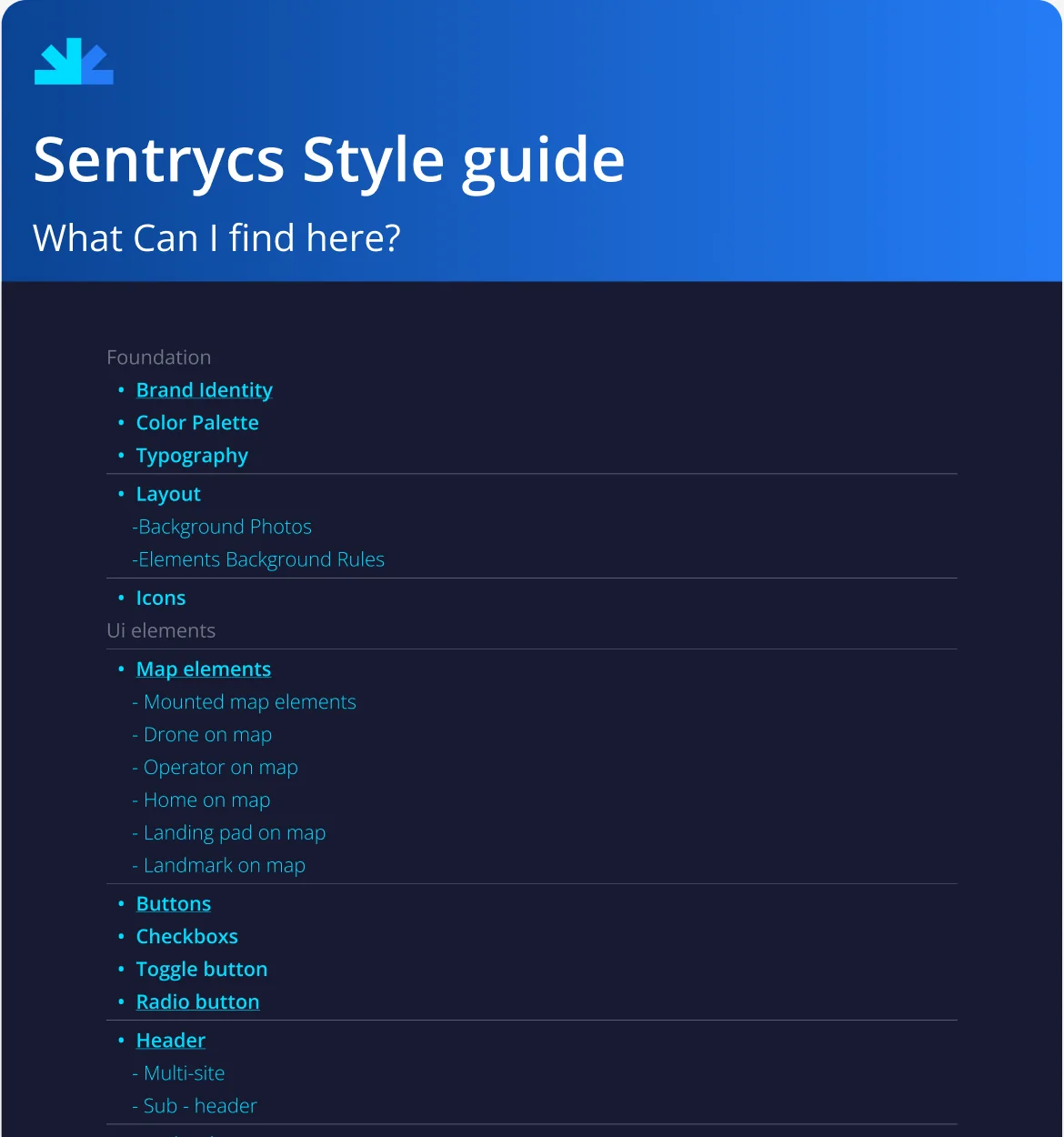 Sentrycs style guide index: foundations, map elements, buttons, navigation, forms, panels, feedback and loaders